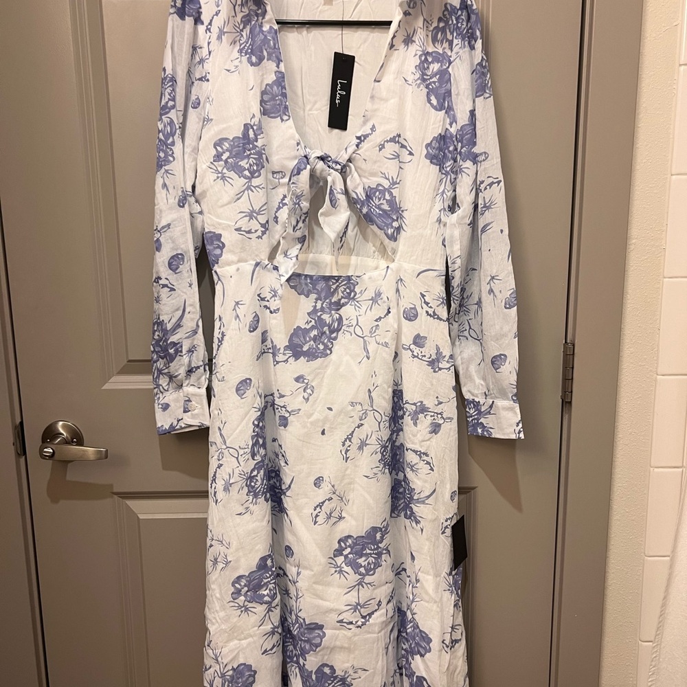 Lulu's White and Blue Floral Long Sleeve Dress